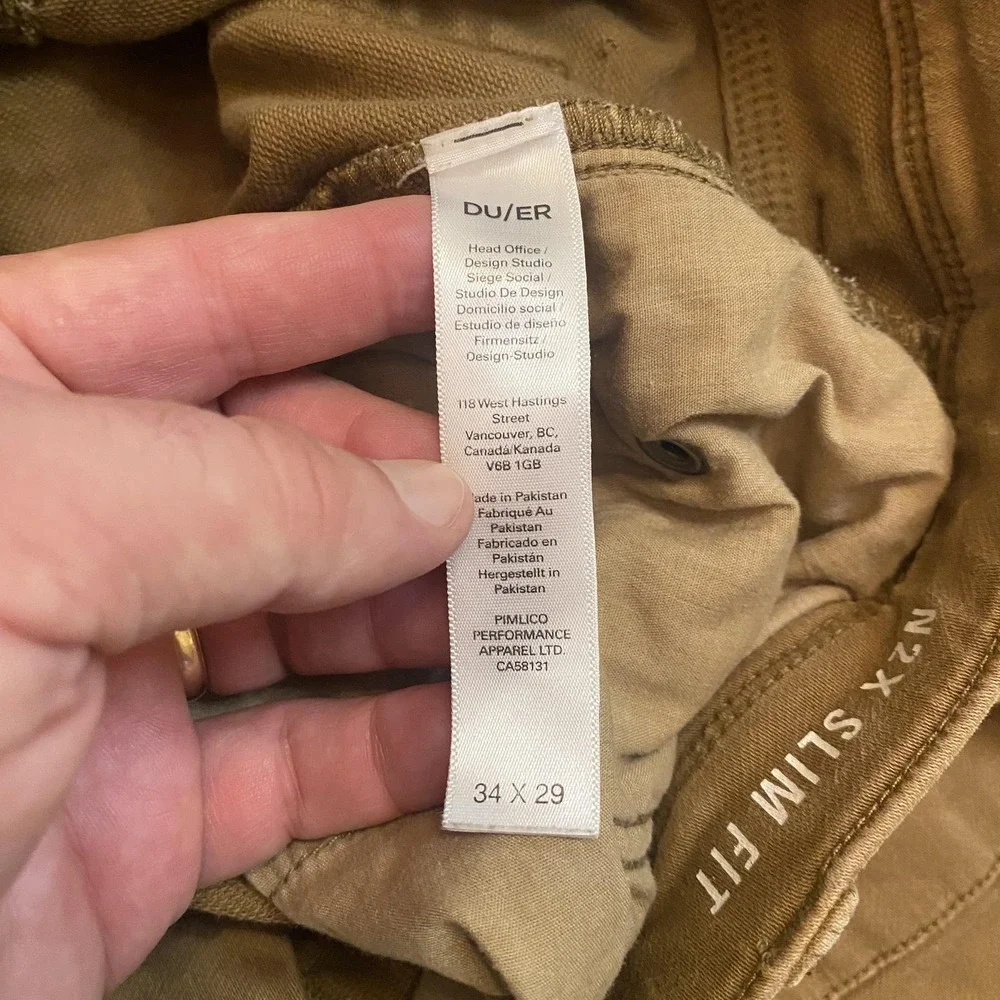DU/ER Pants Mens 34x29 Brown N2X Slim Fit Jogger Stretch Casual Tapered Cuffed